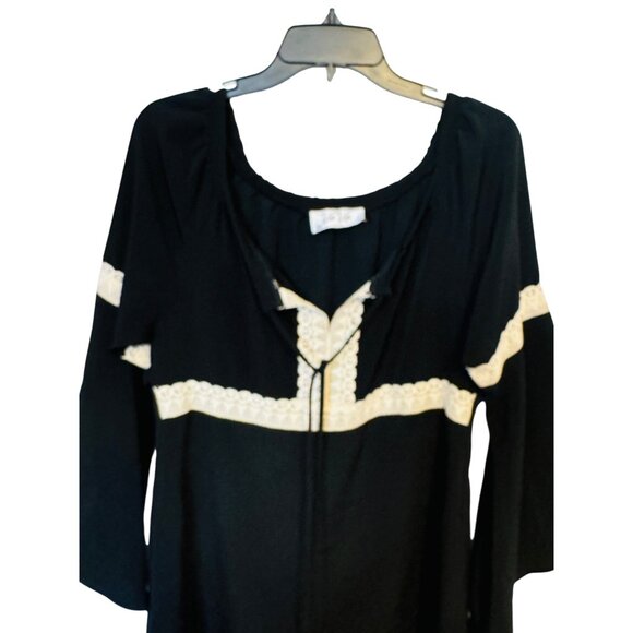 2/$30 VaVa Medium Boho Black & Ivory Tunic Mini Dress Lace Trim Bell Sleeves - Picture 16 of 16